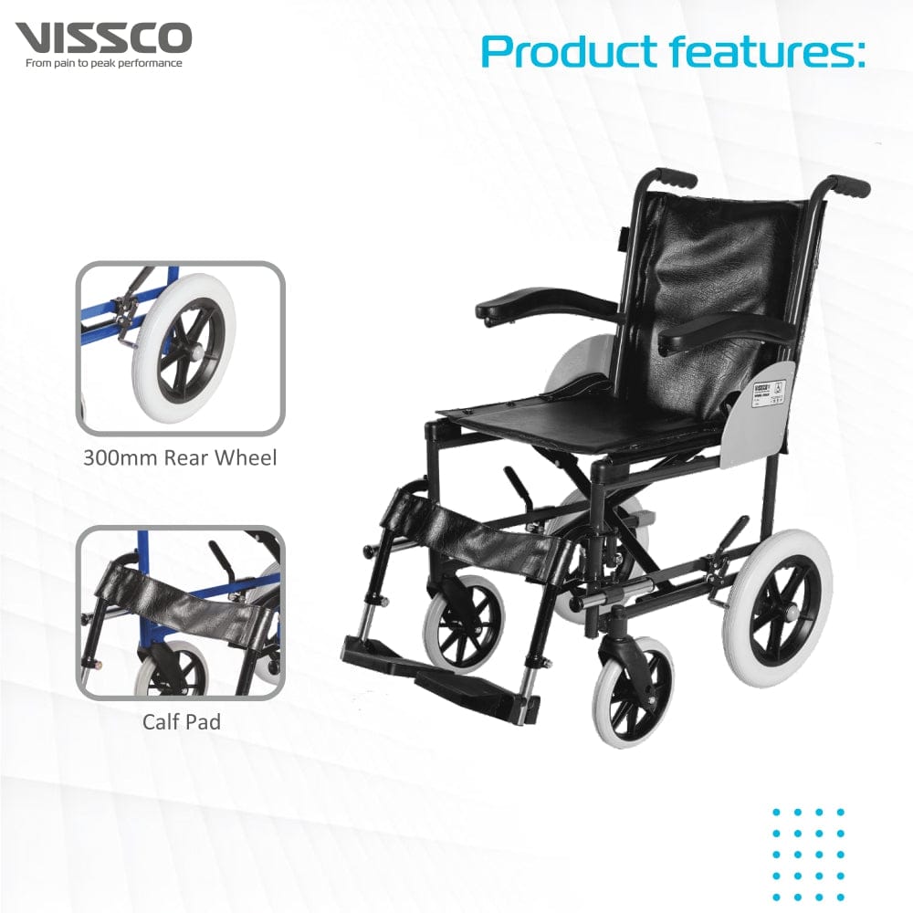 Wheelchair with features highlighted on a white background, including 300mm rear wheel and calf pad.