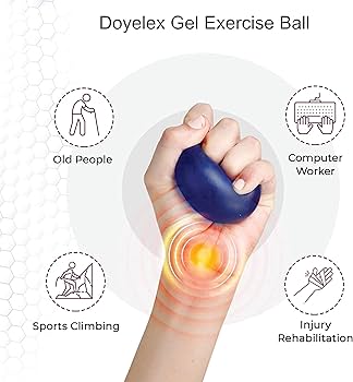 Doyelex Gel Exercise Ball being used with a hand, surrounded by icons and text on a light gray background.