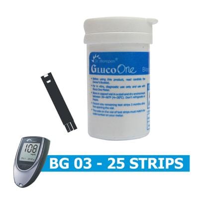 GlucoOne BG 03 - 25 Strips blood glucose monitoring kit with vial, test strip, and meter.