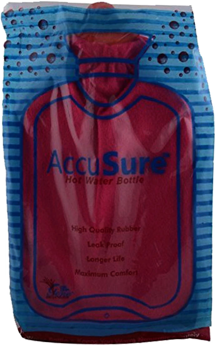 AccuSure hot water bottle packaging with blue and red design