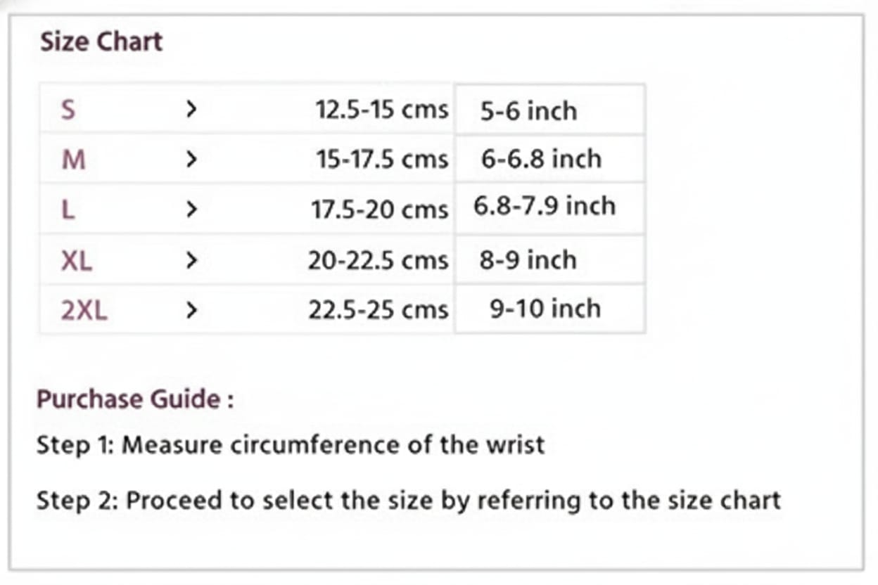 Size chart for wrist measurements with corresponding dimensions