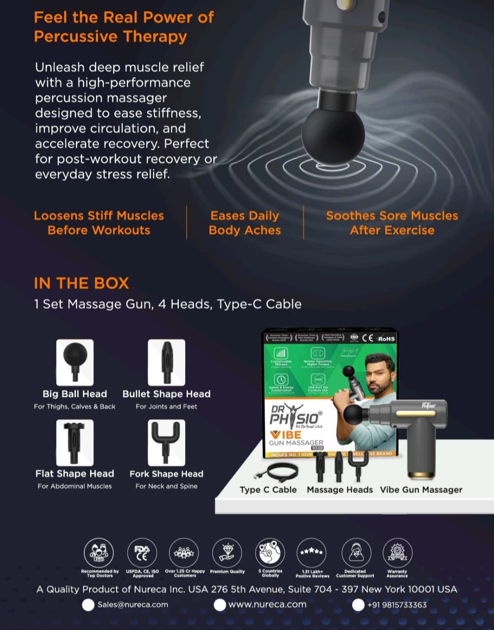 Promotional image of a high-performance percussion electric massage gun with features and product details.