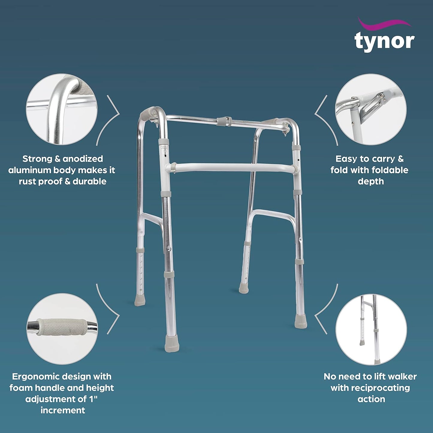 Tynor adult walker frame with feature descriptions like strong aluminum body, foldable design, ergonomic handle, and non-reciprocating action