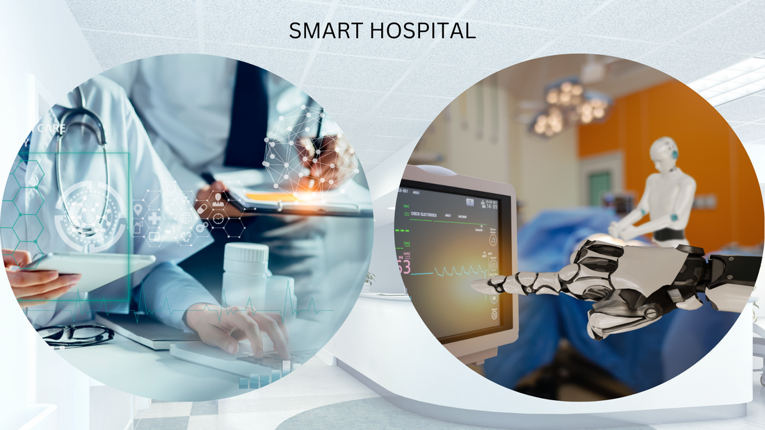 Smart hospital technology - doctor using digital health data and robotic arm monitoring patient vitals
