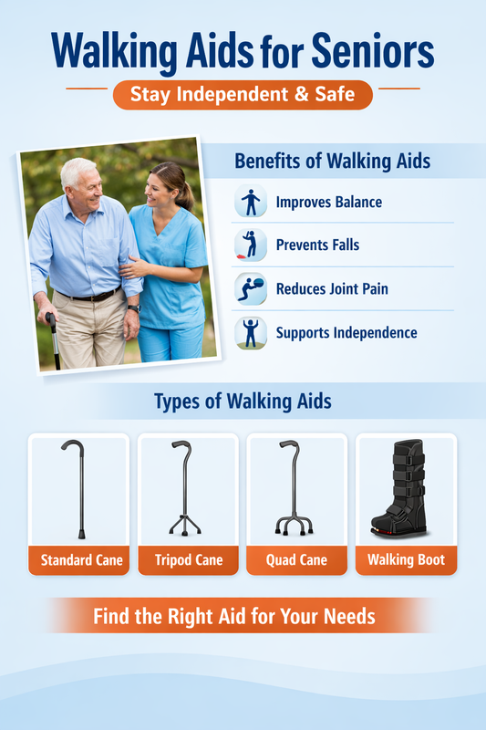 Walking aids for seniors - standard cane, tripod cane, quad cane, and walking boot for balance and safety