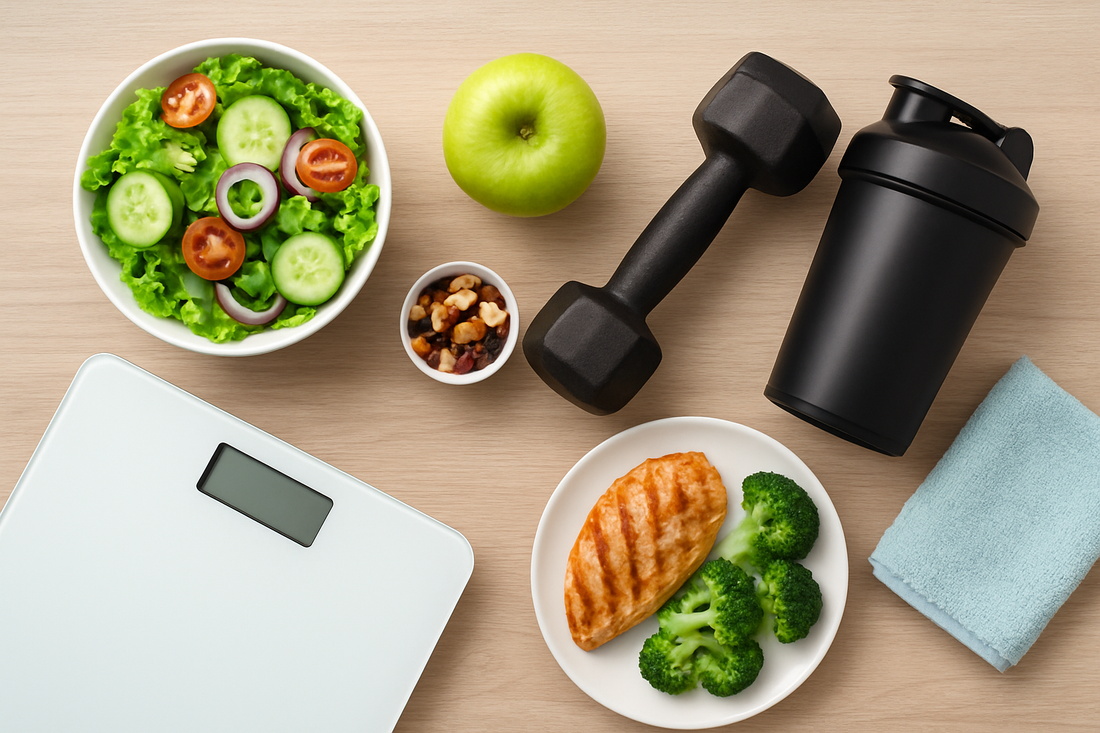 “Flat lay of a digital scale, healthy food, and fitness items.”
