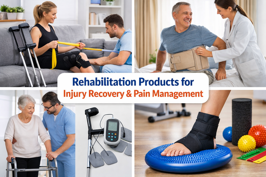 Rehabilitation products for injury recovery and pain management - crutches, back support, TENS unit, and ankle brace