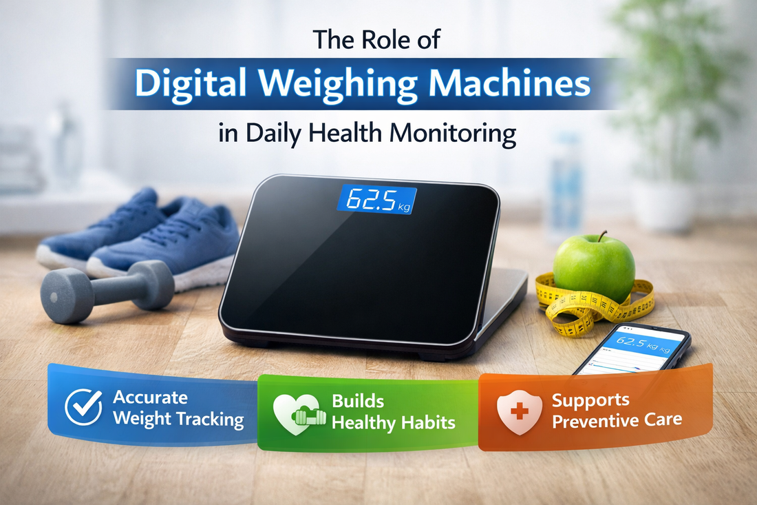 Digital weighing machine with fitness accessories for daily health and weight monitoring.