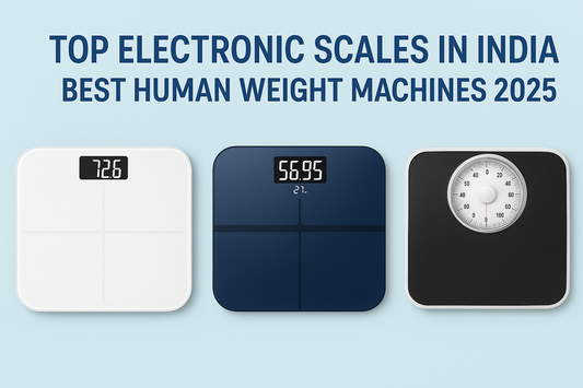 “Digital graphic showcasing three weighing machines — two modern electronic scales and one mechanical scale with the title ‘Top Electronic Scales in India – Best Human Weight Machines 2025