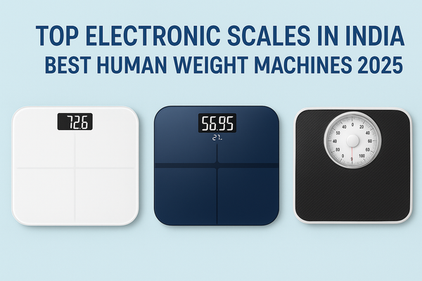 “Digital graphic showcasing three weighing machines — two modern electronic scales and one mechanical scale with the title ‘Top Electronic Scales in India – Best Human Weight Machines 2025