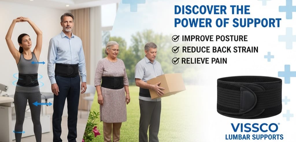 Advertisement for Vissco Lumbar Supports showing four different people (a young woman stretching, a middle-aged man, an elderly woman, and an older man carrying a box) all wearing a black lumbar support belt. 