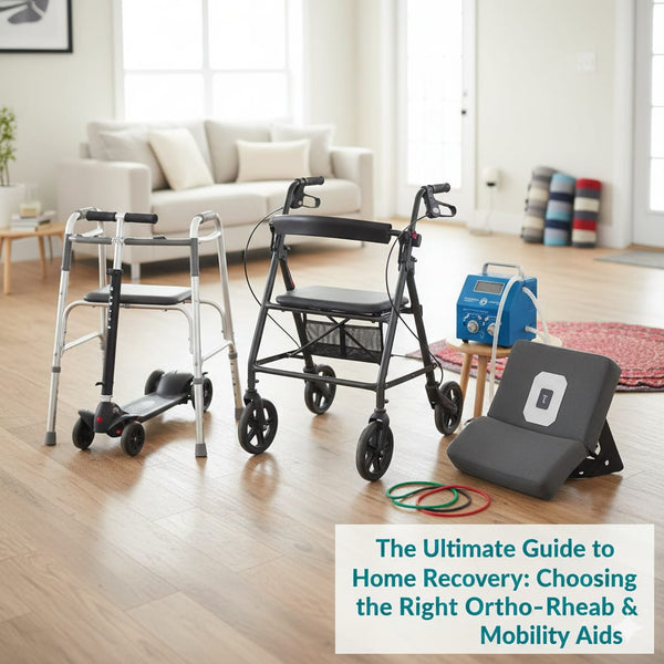 Woman recovering in a living room with a rollator walker, crutches, and rehab aids. Text overlay: The Ultimate Guide to Home Recovery."