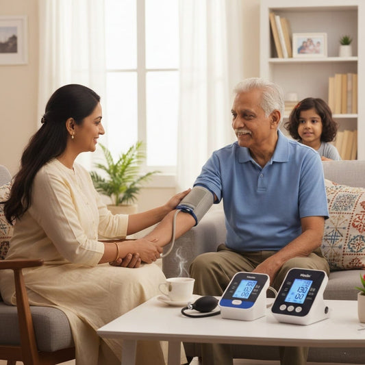 Woman checking elderly father's blood pressure with digital BP monitor at home in Indian family setting