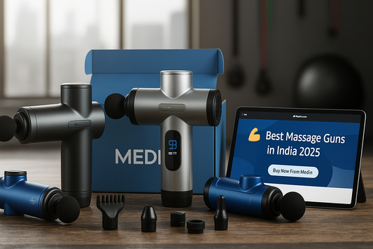 A variety of massage guns in black and silver are displayed in front of an open blue box labeled “Medin.” A tablet screen reads "Best Massage Guns in India 2025."