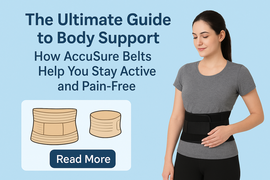 Woman wearing an AccuSure lumbar belt beside the blog title “The Ultimate Guide to Body Support” on a light blue background.