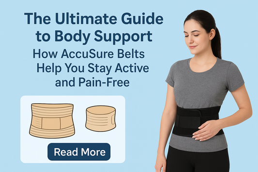Woman wearing an AccuSure lumbar belt beside the blog title “The Ultimate Guide to Body Support” on a light blue background.