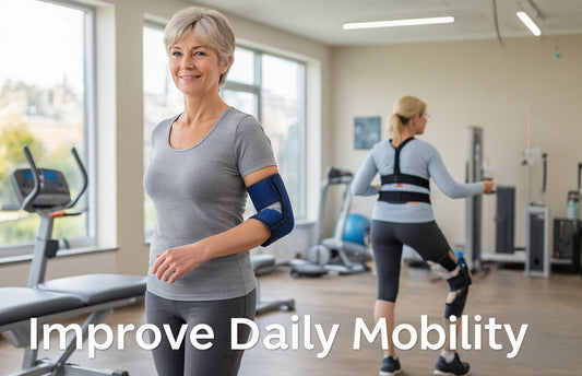 Woman wearing elbow support brace in gym to improve daily mobility and joint stability