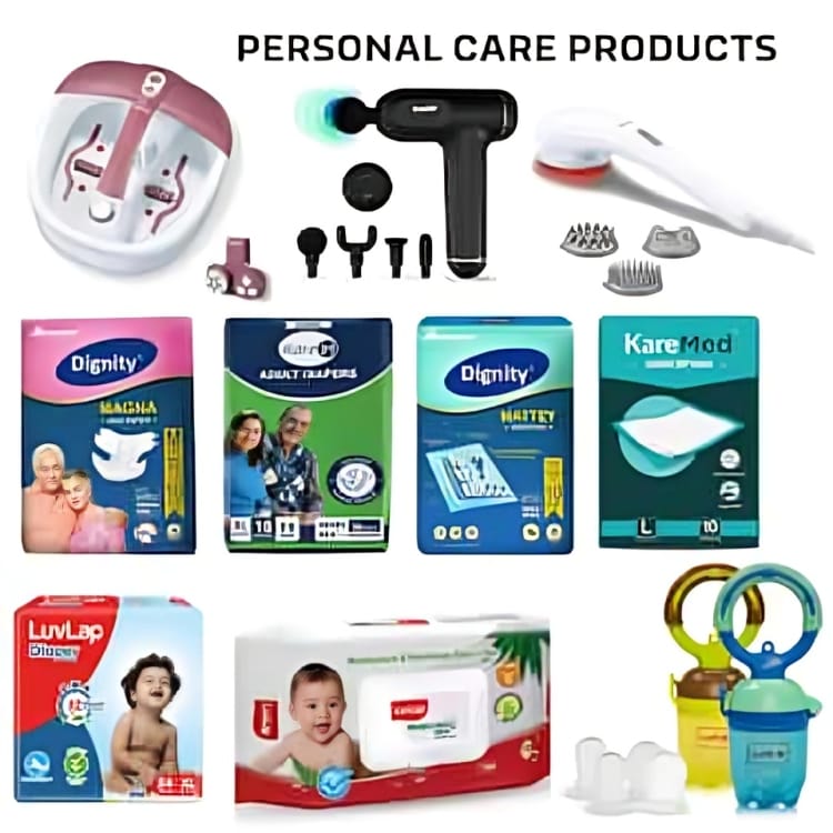 Personal care and hygiene products including a foot spa, massage gun, adult diapers, underpads, baby diapers, baby wipes, and feeding bottles.