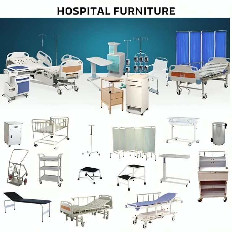 Hospital furniture and medical equipment including electric beds, patient trolleys, bedside cabinets, screens, cribs, and IV stands."