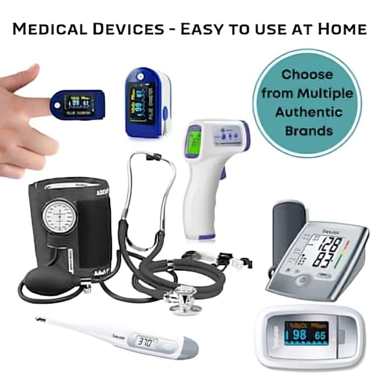 Home medical devices for monitoring health, including pulse oximeters, blood pressure monitors, thermometers, and a stethoscope