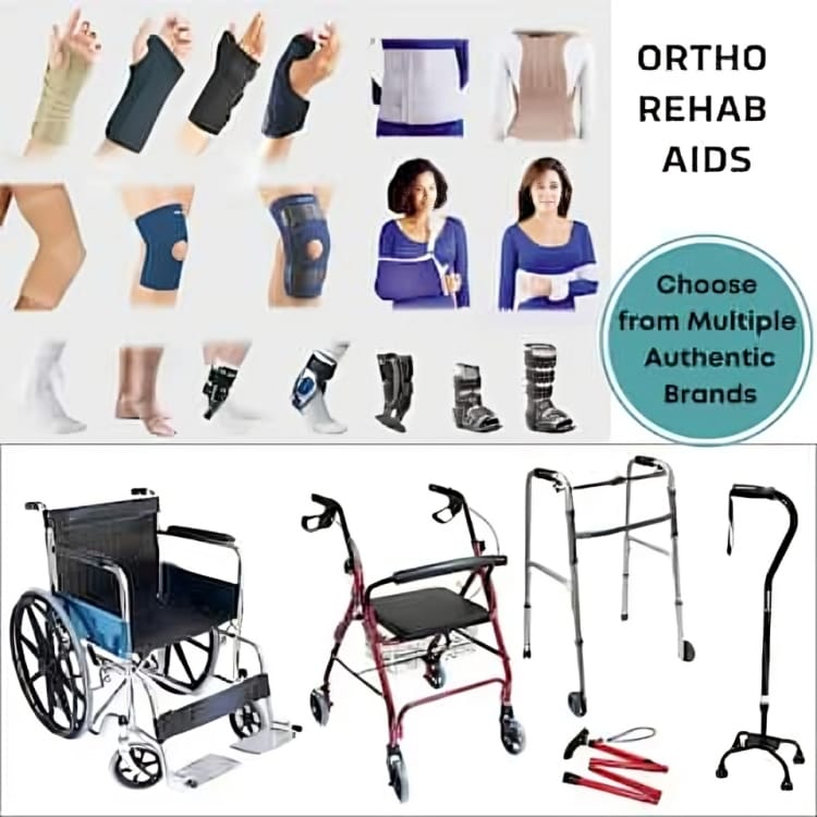 Orthopedic rehabilitation aids and mobility devices, including braces, splints, walkers, wheelchairs, and walking sticks
