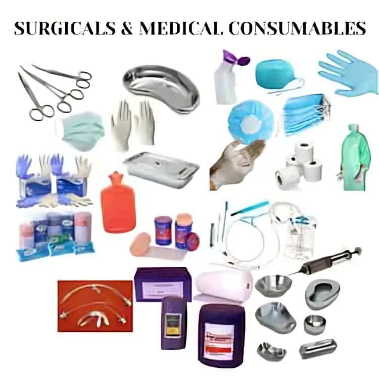 Surgical and medical consumables including scissors, gloves, masks, trays, and various medical supplies