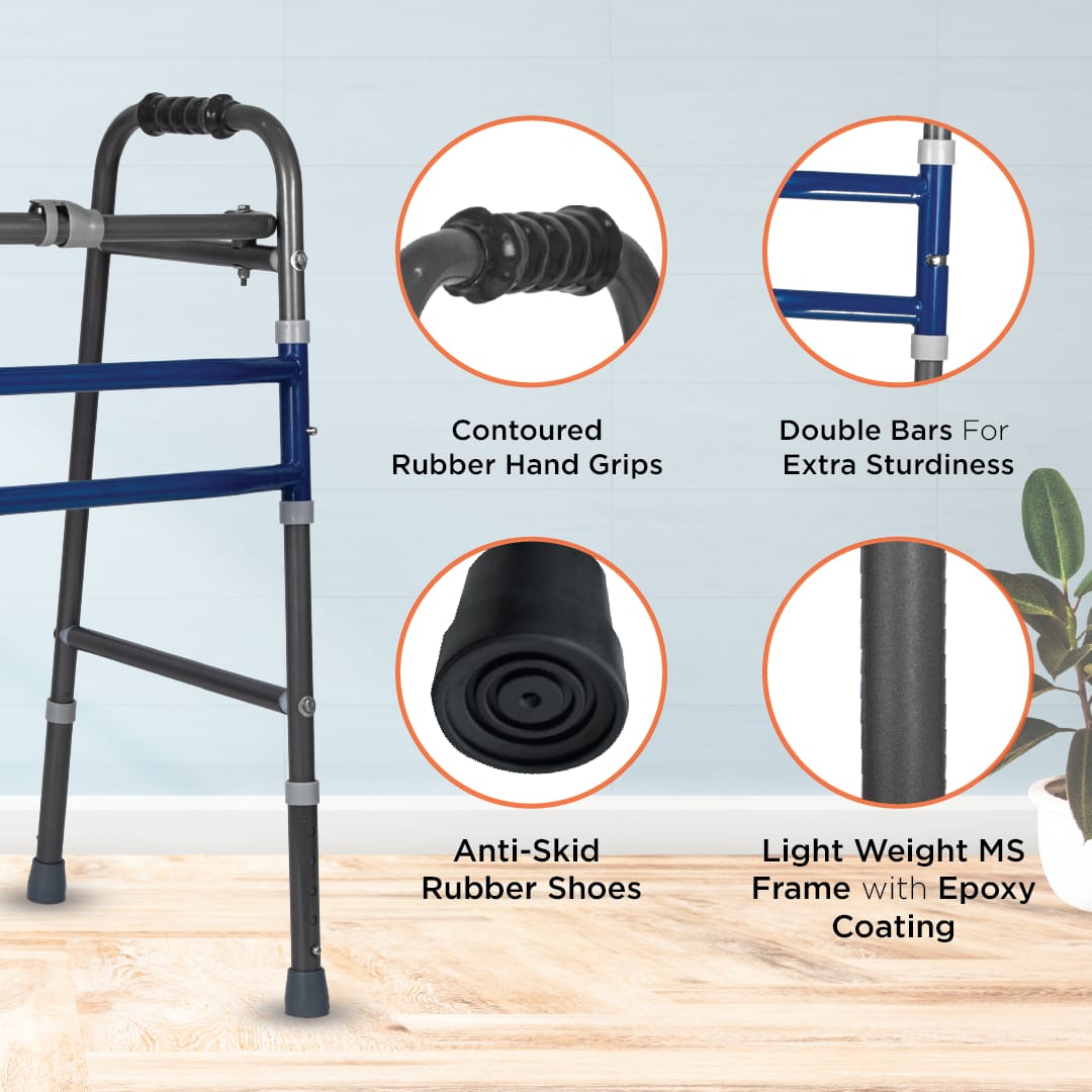 Blue walker with features highlighted on a light blue background