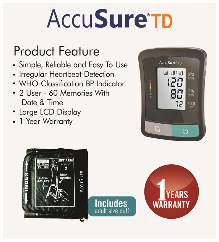 AccuSure TD digital blood pressure monitor showing a reading of 120/78 mmHg and a pulse of 72 bpm on a large LCD screen
