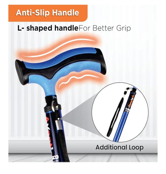 Blue and black walking cane with anti-slip handle and additional loop feature on a white background.