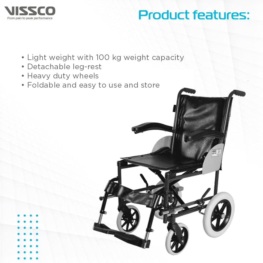 Black wheelchair with Vissco branding and product features listed on a white background