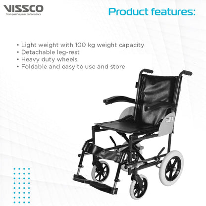 Black wheelchair with Vissco branding and product features listed on a white background