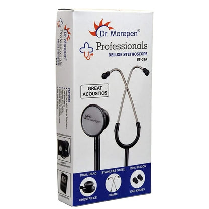 Retail box for a Dr. Morepen Professionals Deluxe Stethoscope, showing the product and its key features.