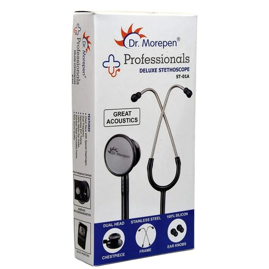 Retail box for a Dr. Morepen Professionals Deluxe Stethoscope, showing the product and its key features.