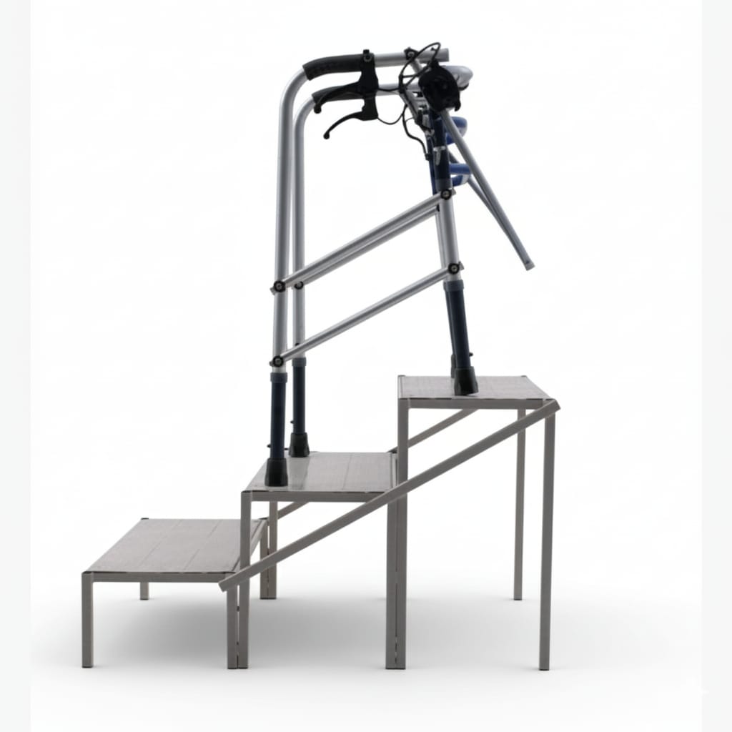 Metal step ladder with a bicycle on a white background