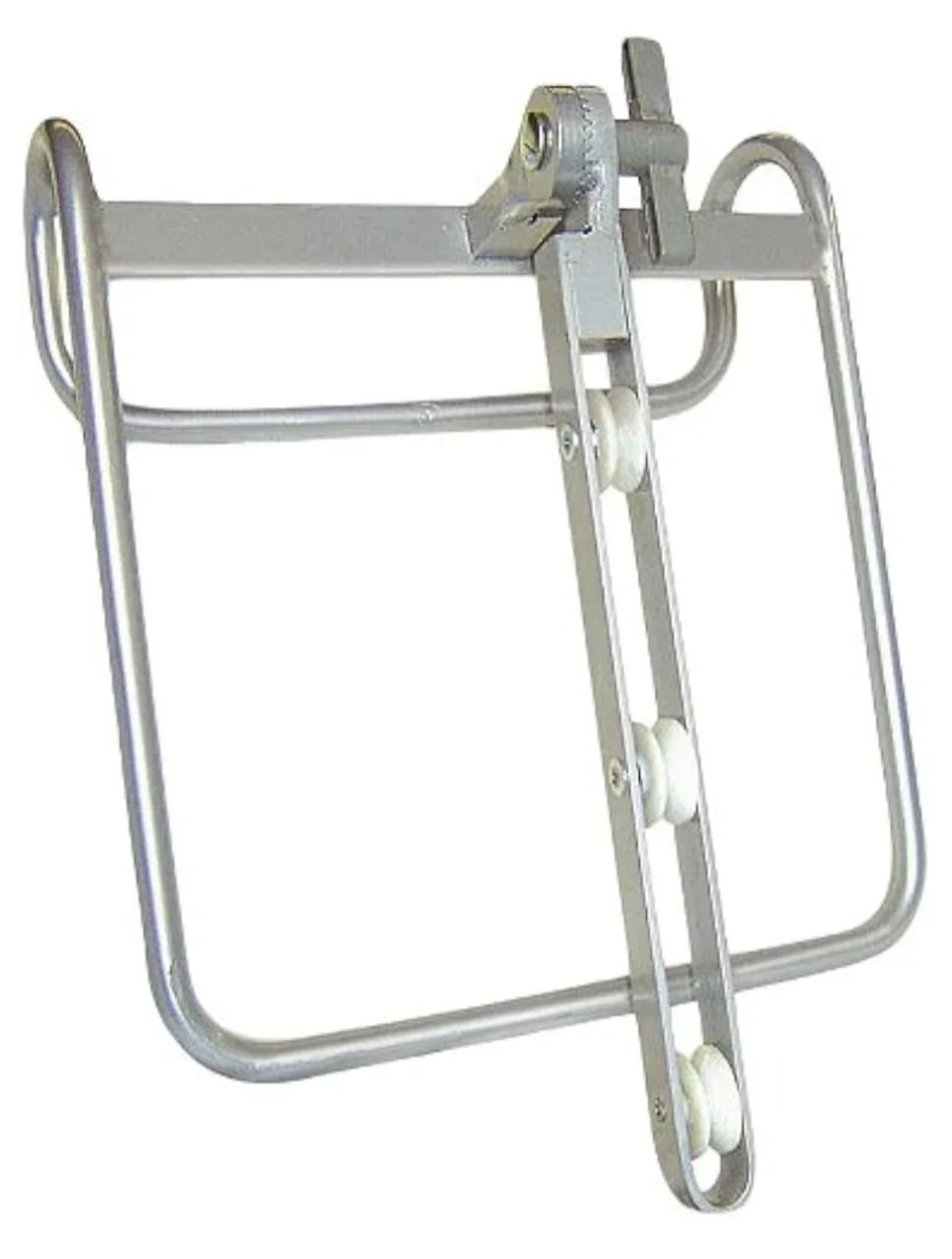 Silver orthopedic traction frame with pulleys on a white background.