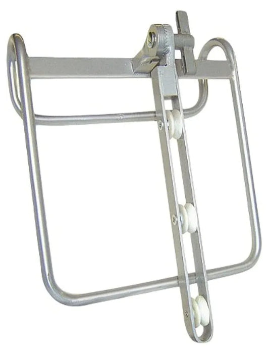 Silver orthopedic traction frame with pulleys on a white background.