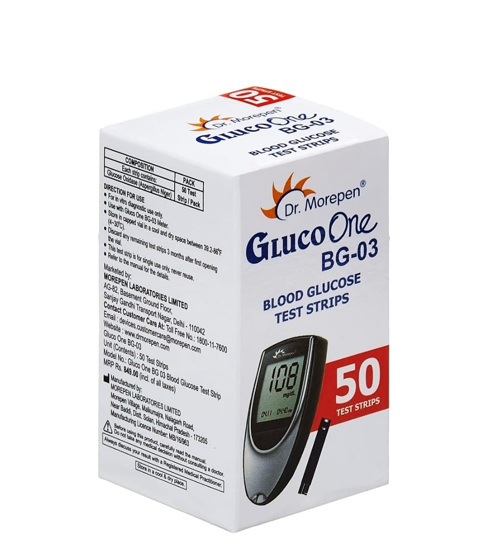 Retail box for Dr. Morepen GlucoOne BG-03 Blood Glucose Test Strips (50 count), showing an illustration of the glucometer and product details like composition, directions for use