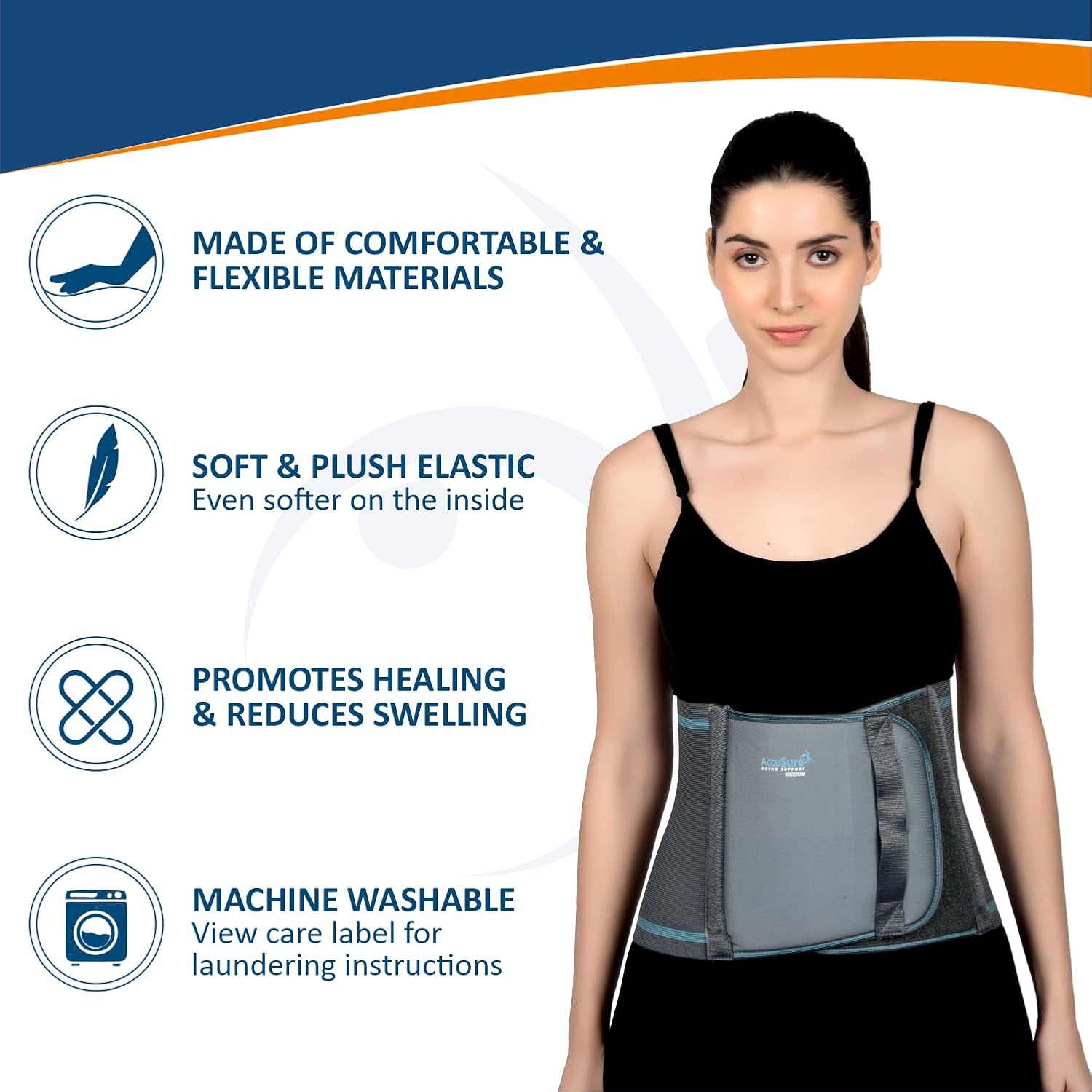 AccuSure B3 abdominal support belt with breathable elastic construction and double
