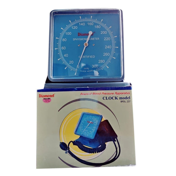 Diamond Clock Model BPDL 237 Aneroid Blood Pressure Apparatus with a large blue display dial and product box.