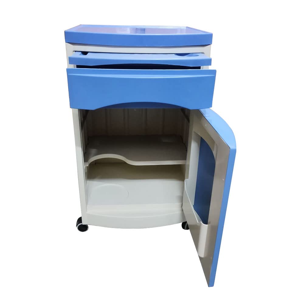 Blue ABS bedside locker side view for hospital room
