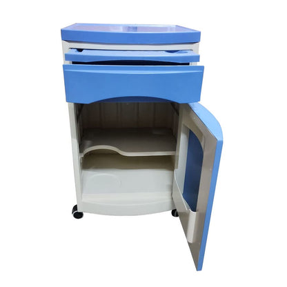 Blue ABS bedside locker side view for hospital room