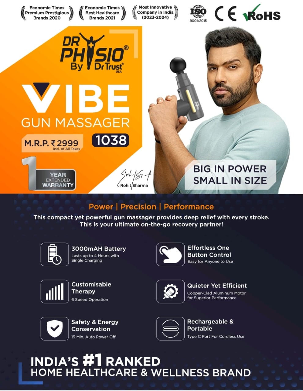 Advertisement for Dr Physio Vibe Gun Massager with a man holding the device and product details.