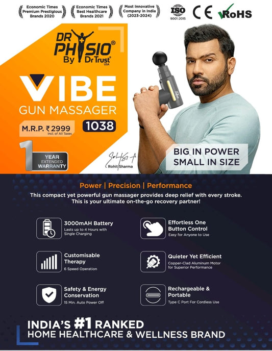 Advertisement for Dr Physio Vibe Gun Massager with a man holding the device and product details.