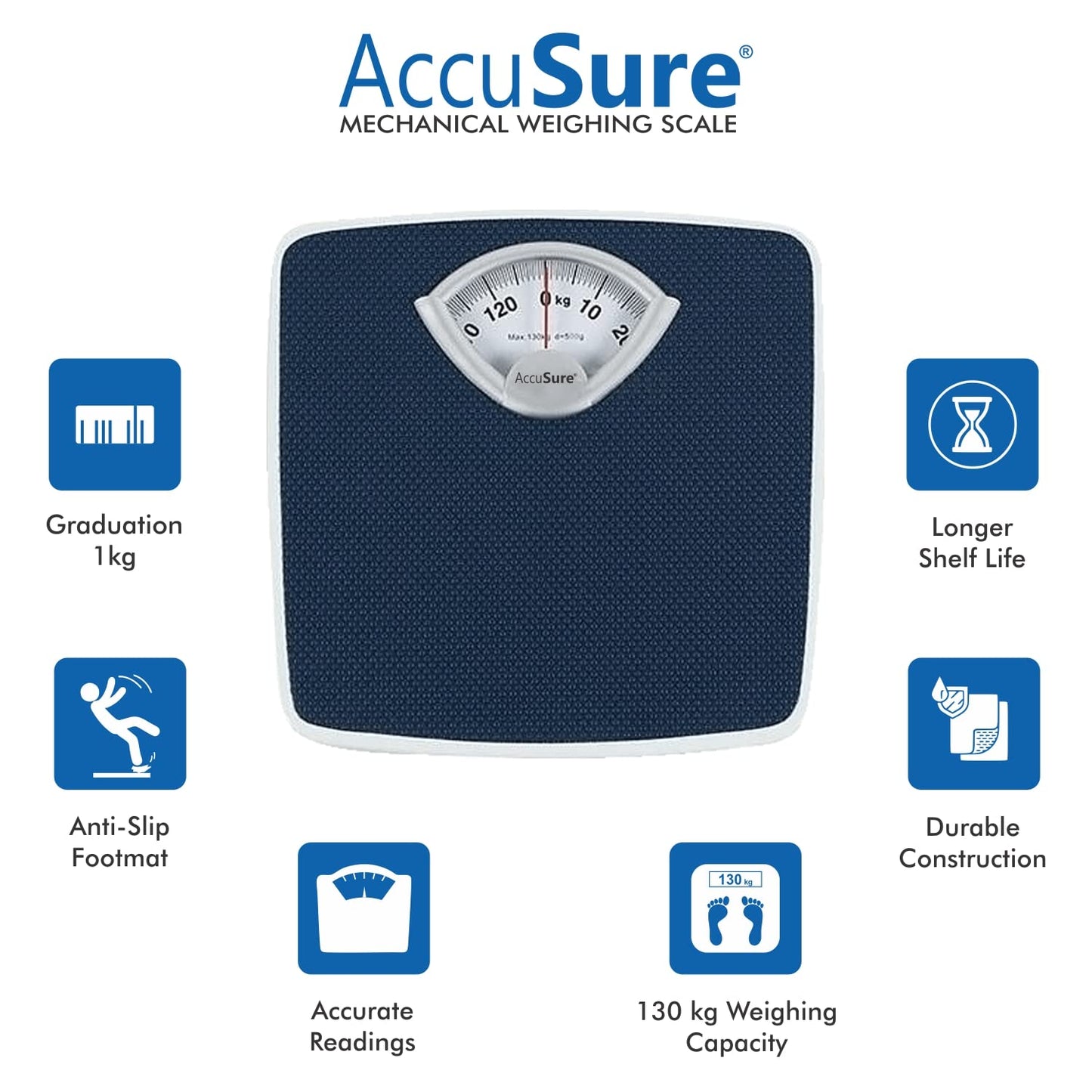AccuSure Digital weighing machine in india product box showing 130 kg capacity and anti-slip features in India