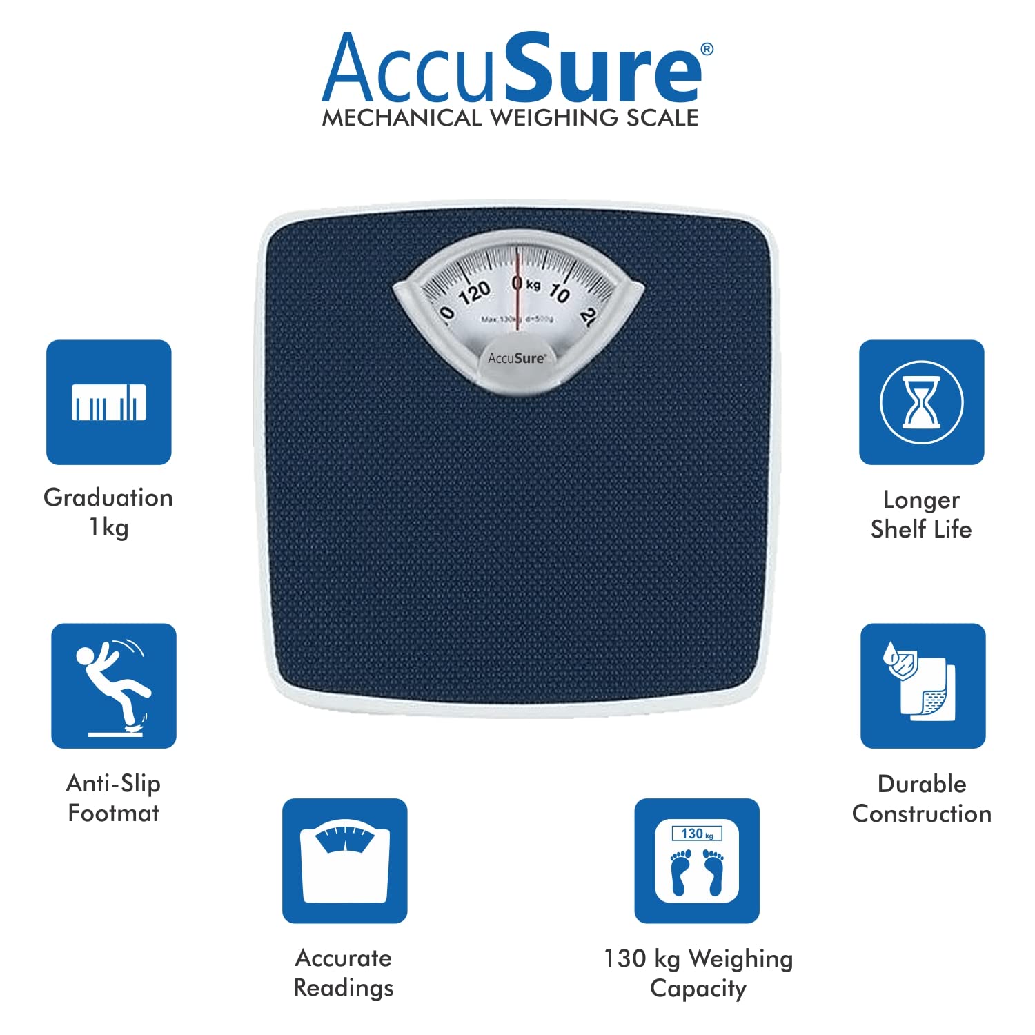 AccuSure Digital weighing machine in india product box showing 130 kg capacity and anti-slip features in India