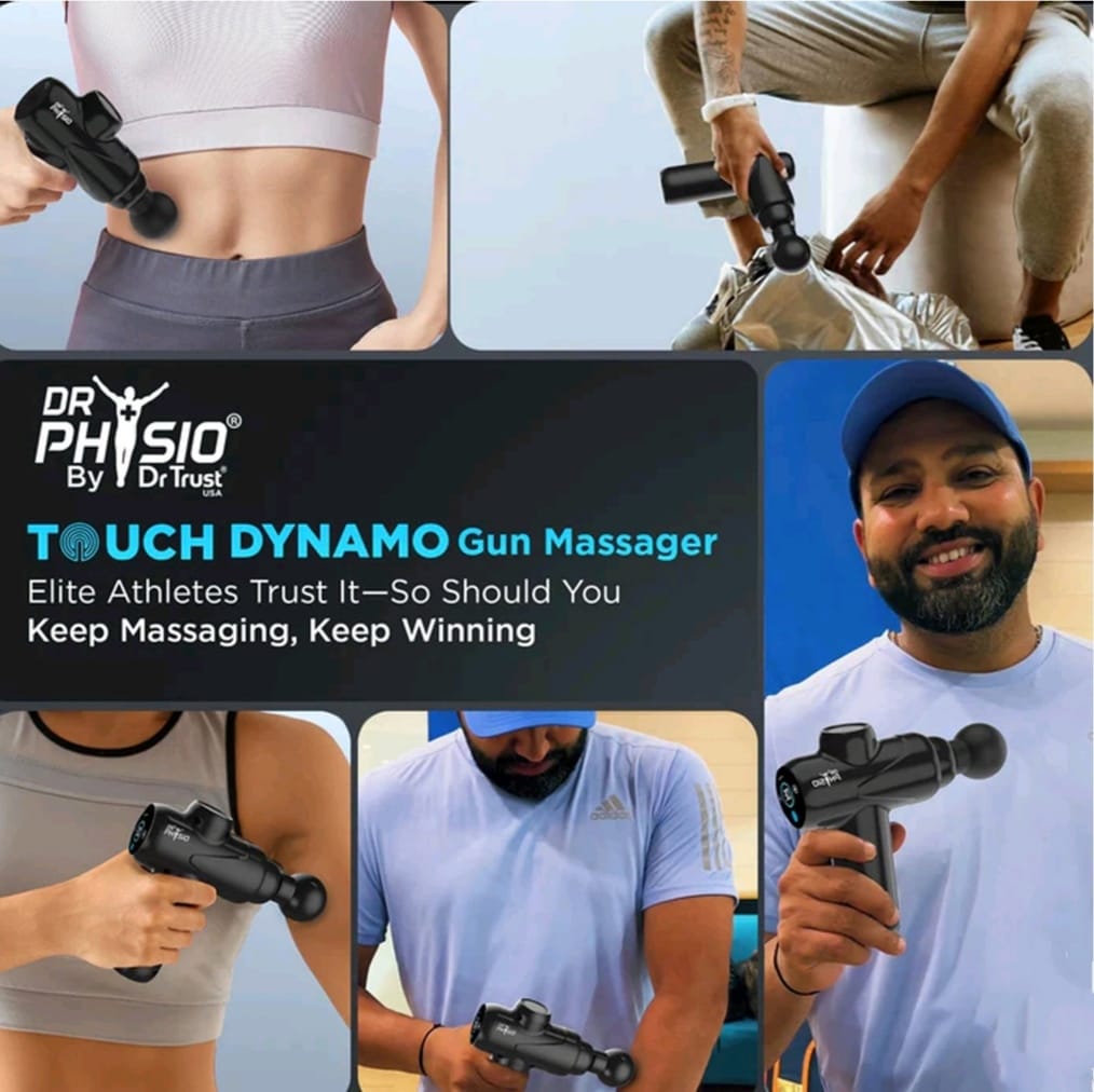 Promotional collage of people using a Dr. Physio Touch Dynamo Gun Massager with text highlighting its use by elite athletes.