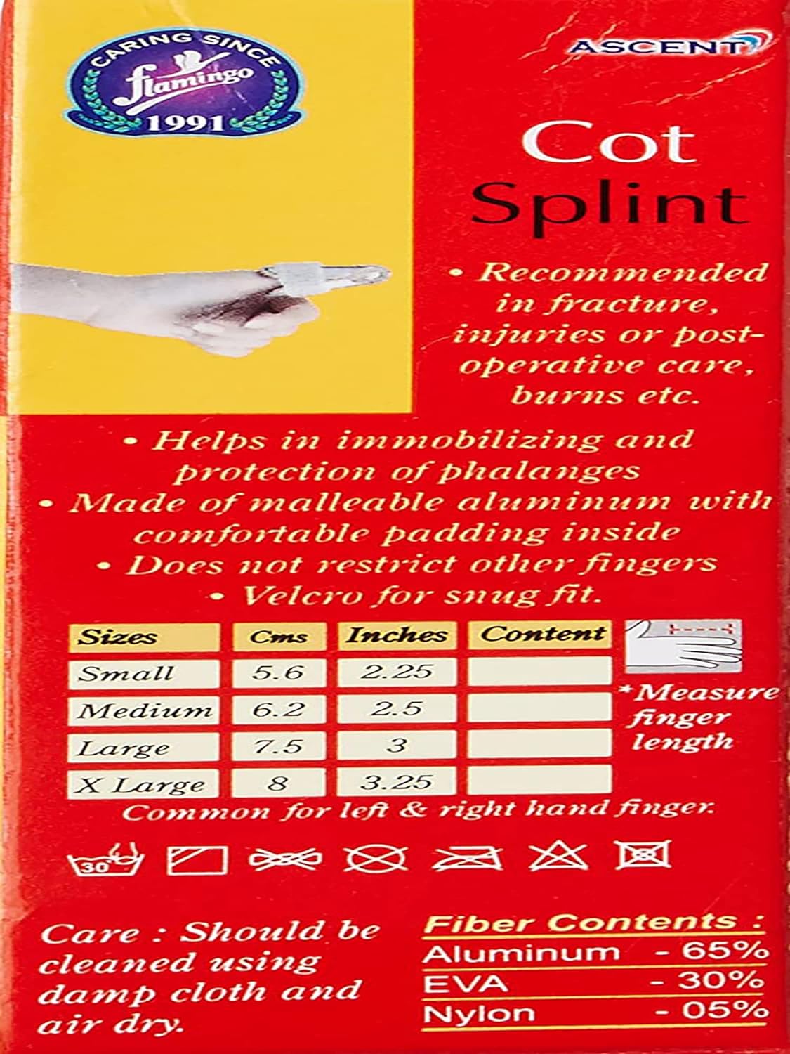 Flamingo finger splint with adjustable hook-and-loop strap