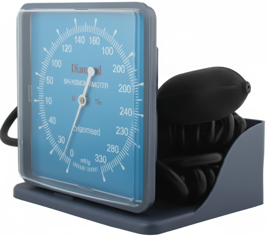 Hygrometer with a blue face and black weight on a white background