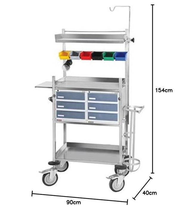 Hospital crash cart trolley stainless steel with 6 lockable drawers