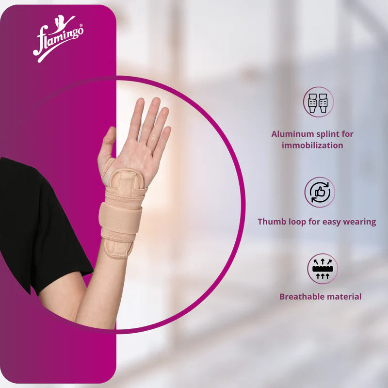 Hand with splint and Flamingo brand packaging on a blurred background